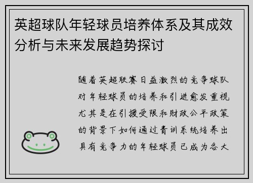 英超球队年轻球员培养体系及其成效分析与未来发展趋势探讨